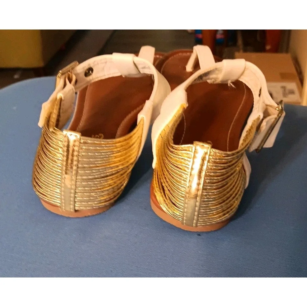 Palms Size 7.5 White And Gold Ankle Adjustable‎ Summer Sandal Shoes Flat